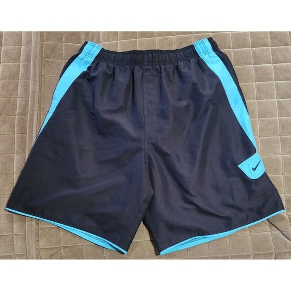 Nike Lined Swim Trunks Shorts Black Blue Elastic Drawstring Men's Size Large